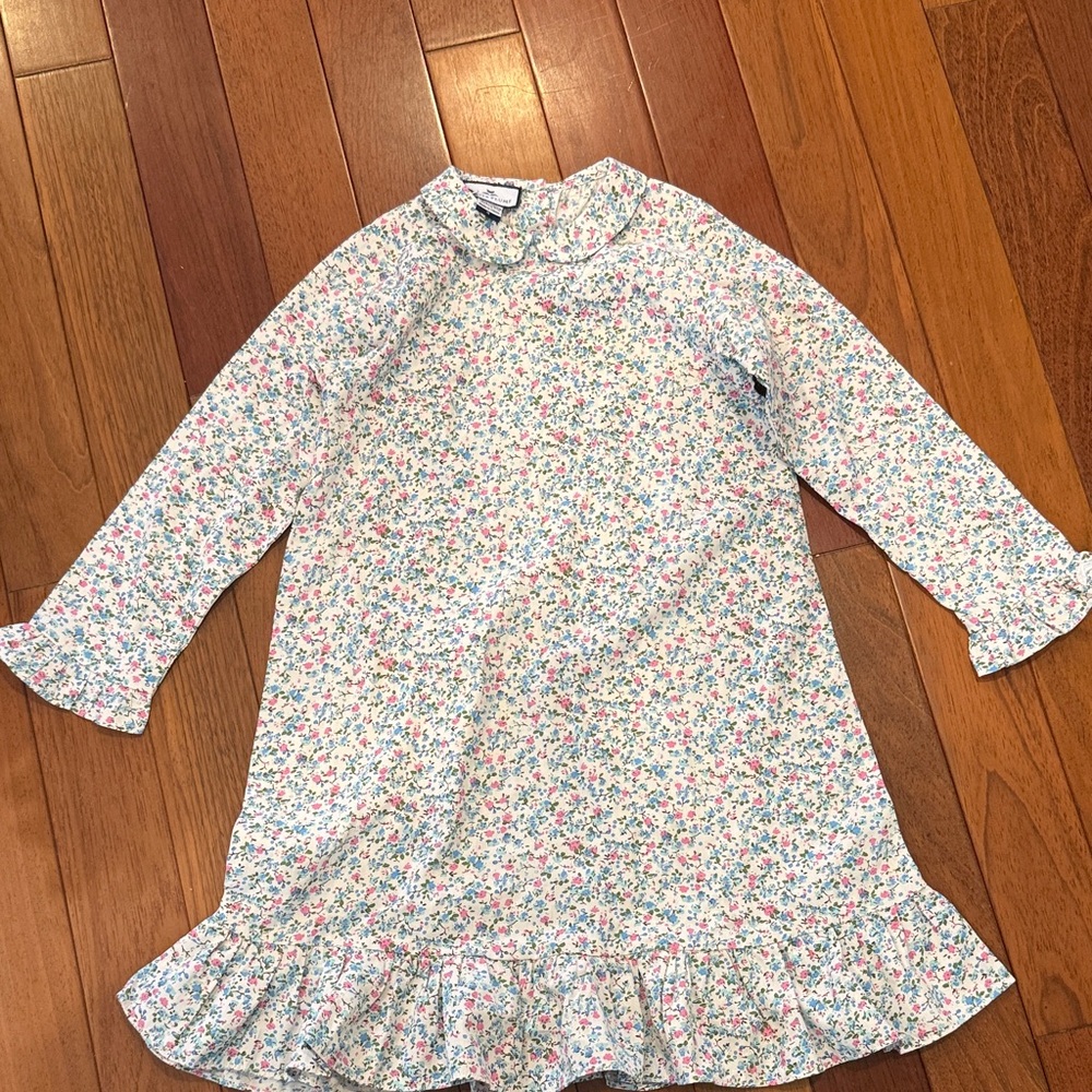 Girls Floral Ruffle Hem Long Sleeve Dress - White with Pink & Blue Flowers